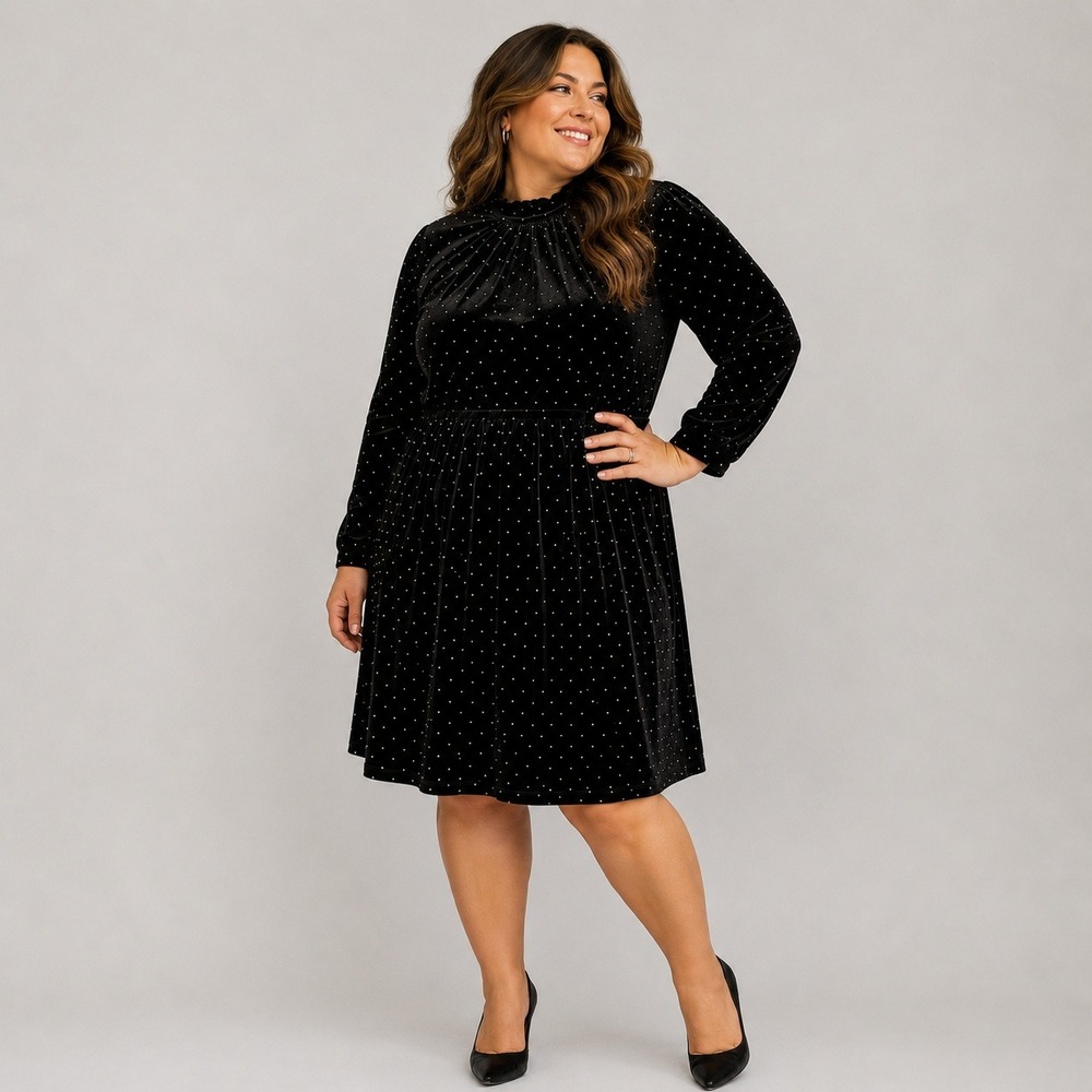 Lane Bryant Dress Sz 18 Black Velvet Gold Studded Mock Neck Long Sleeve Holiday